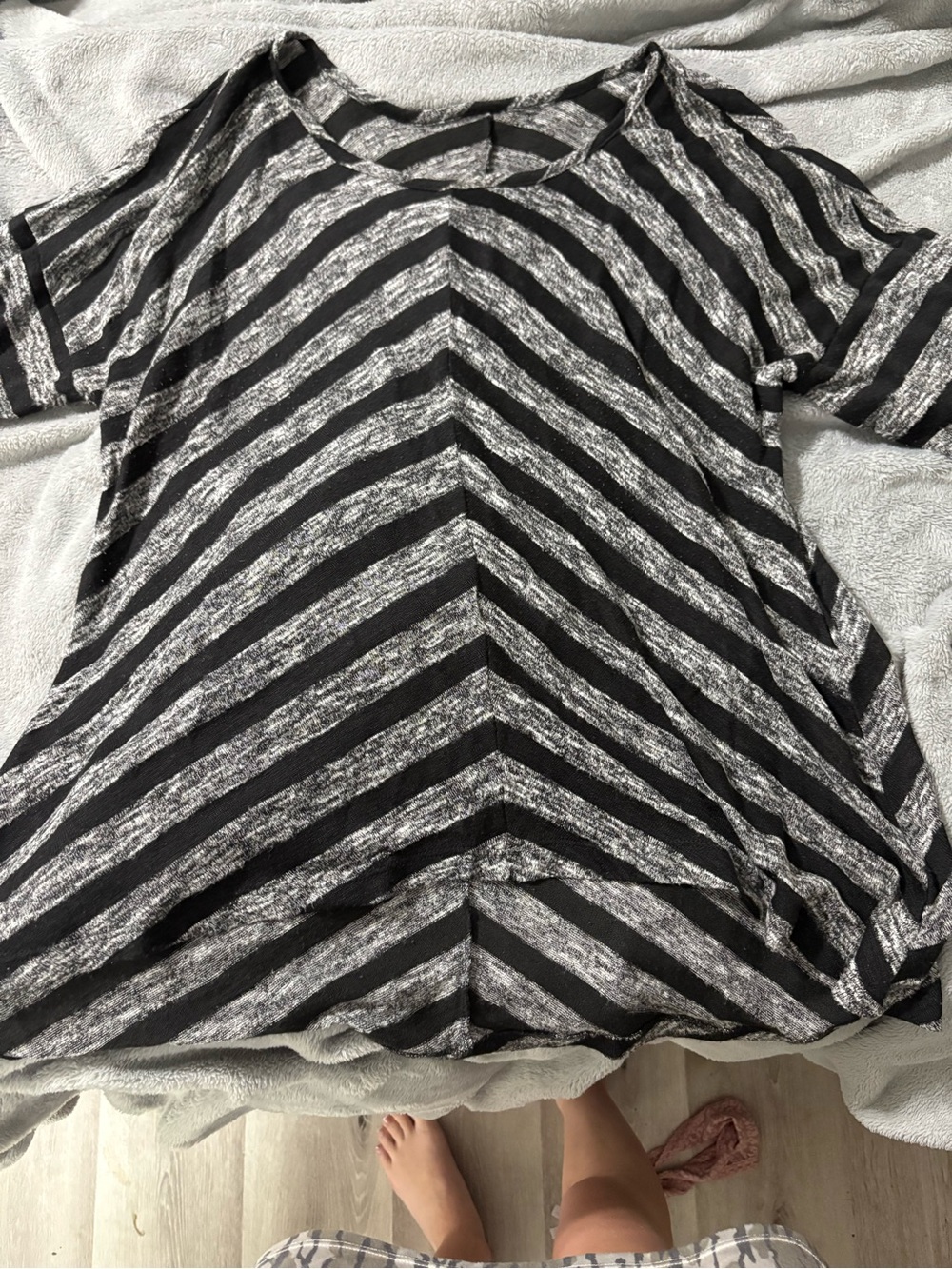 Women's Black & Gray Striped Short Sleeve Blouse